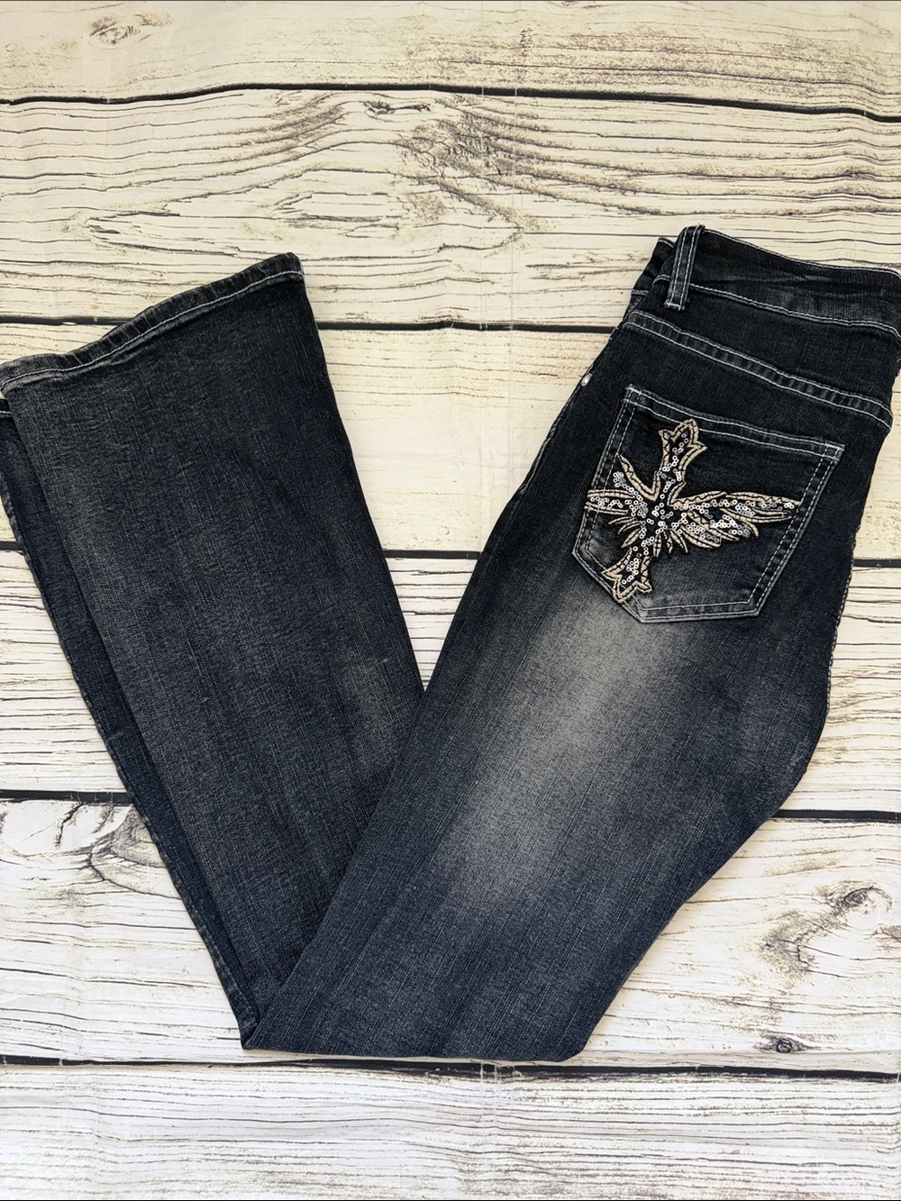 ♡ Sky Jeans Dark Wash Distressed Stretch Embellished Pocket Flare 3